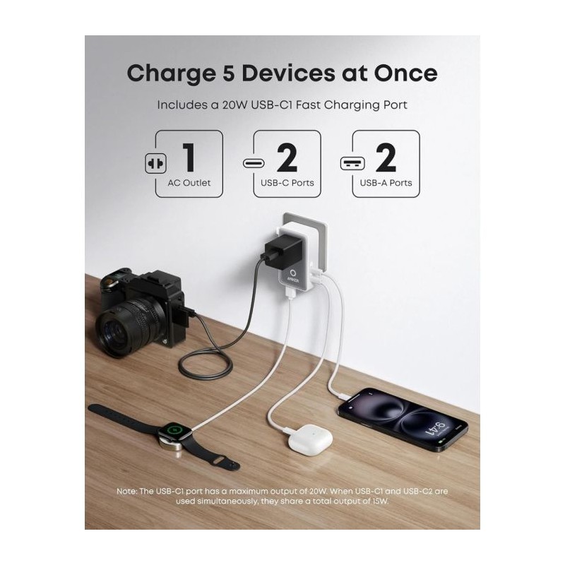 Potovalni adapter Anker Nano A9215H21, 5v1, 20W, bel