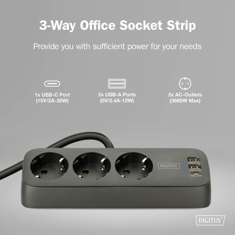 Razdelilec Digitus 3x250V 2xUSB TipA TipC 1,5m namizni črn