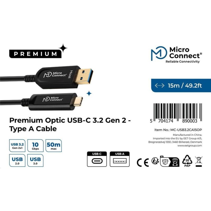 Kabel optični MicroConnect USB C-A 3.2 Gen2x1 5V/800mA, 15m, črn