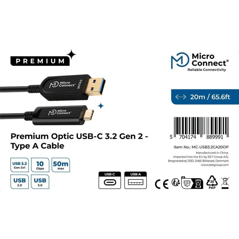 Kabel optični MicroConnect USB C-A 3.2 Gen 2x1 5V/800mA, 20m, črn