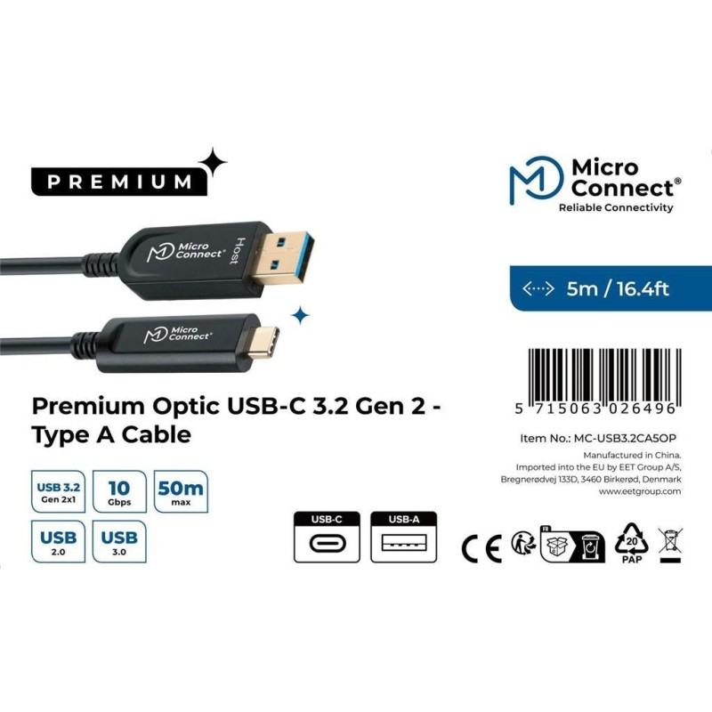 Kabel MicroConnect USB C-A 3.2 Gen 2x1, 10Gbps, 5V/800mA črn, 5m