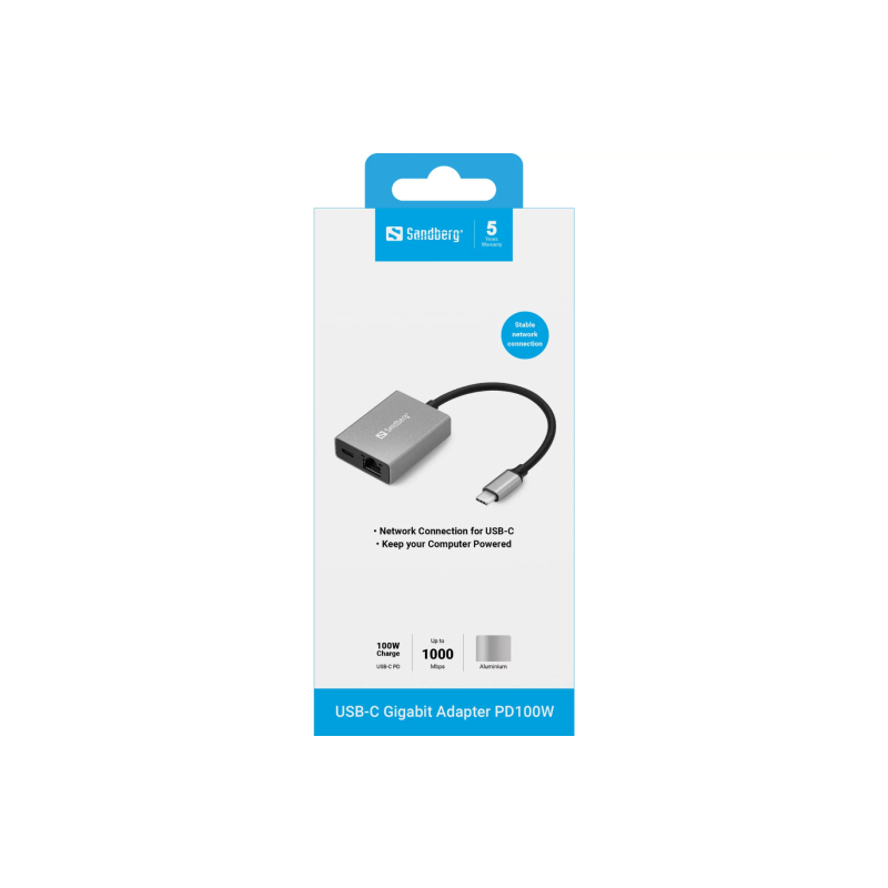 Adapter Sandberg USB-C na RJ45 Gigabit Ethernet s PD 100 W