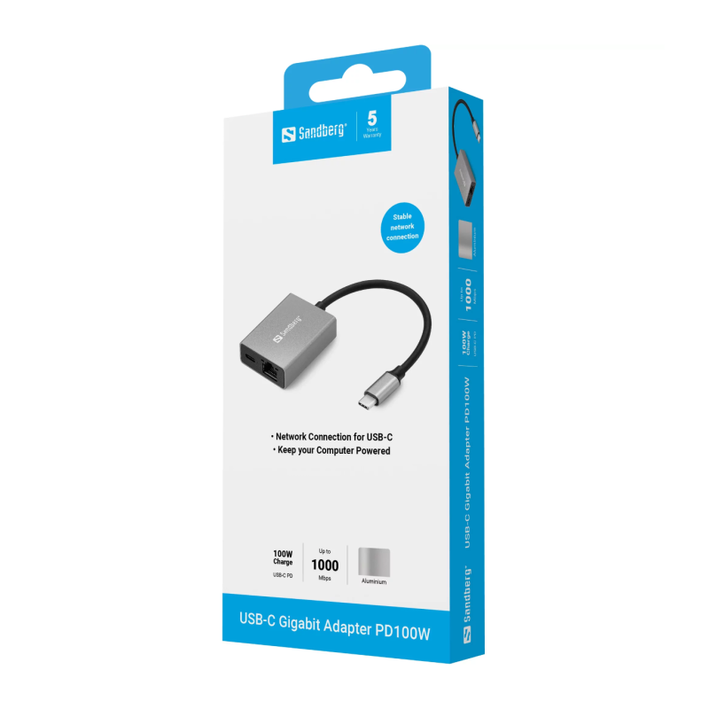 Adapter Sandberg USB-C na RJ45 Gigabit Ethernet s PD 100 W