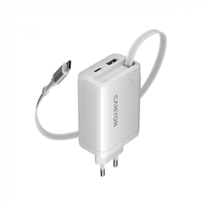 Polnilec Canyon OnCharge 65RC 65W z vgrajenim kablom, USB-C/A, PD, QC, bel