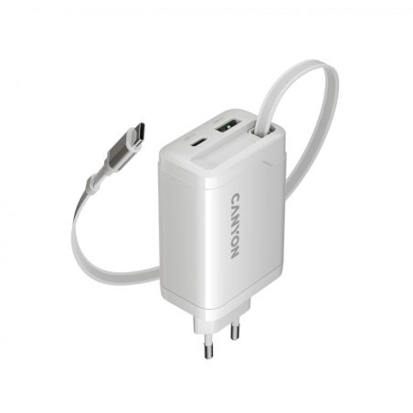 Polnilec Canyon OnCharge 65RC 65W z vgrajenim kablom, USB-C/A, PD, QC, bel
