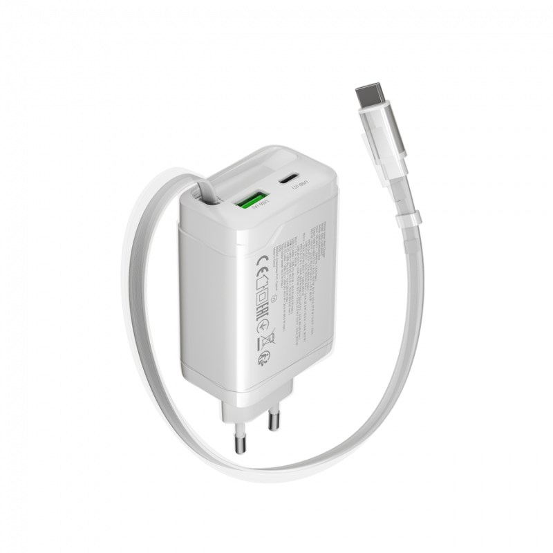 Polnilec Canyon OnCharge 65RC 65W z vgrajenim kablom, USB-C/A, PD, QC, bel