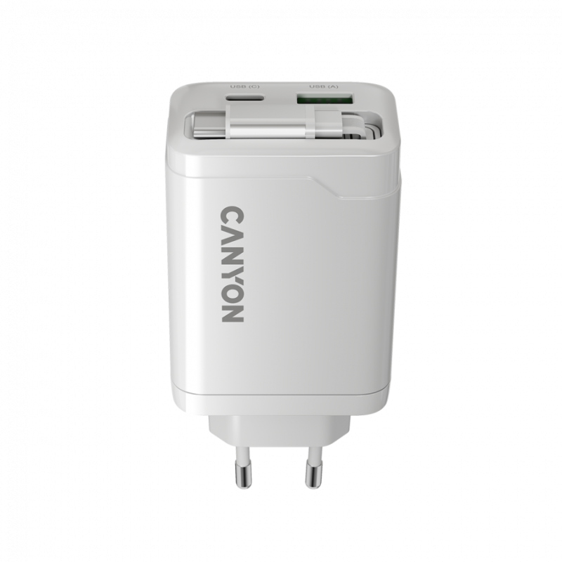 Polnilec Canyon OnCharge 65RC 65W z vgrajenim kablom, USB-C/A, PD, QC, bel
