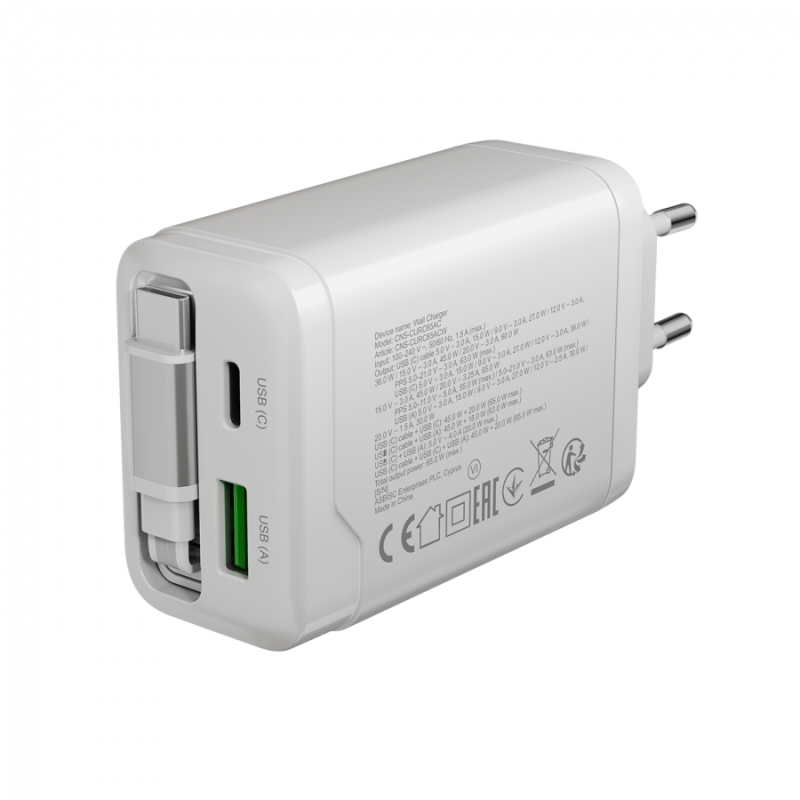 Polnilec Canyon OnCharge 65RC 65W z vgrajenim kablom, USB-C/A, PD, QC, bel