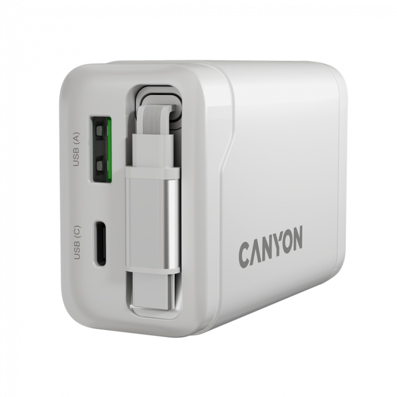 Polnilec Canyon OnCharge 65RC 65W z vgrajenim kablom, USB-C/A, PD, QC, bel