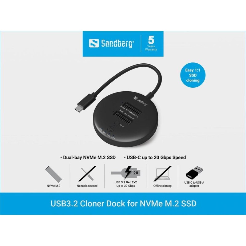 Klonirna postaja Sandberg USB 3.2 za M.2 SATA in M.2 NVMe SSD