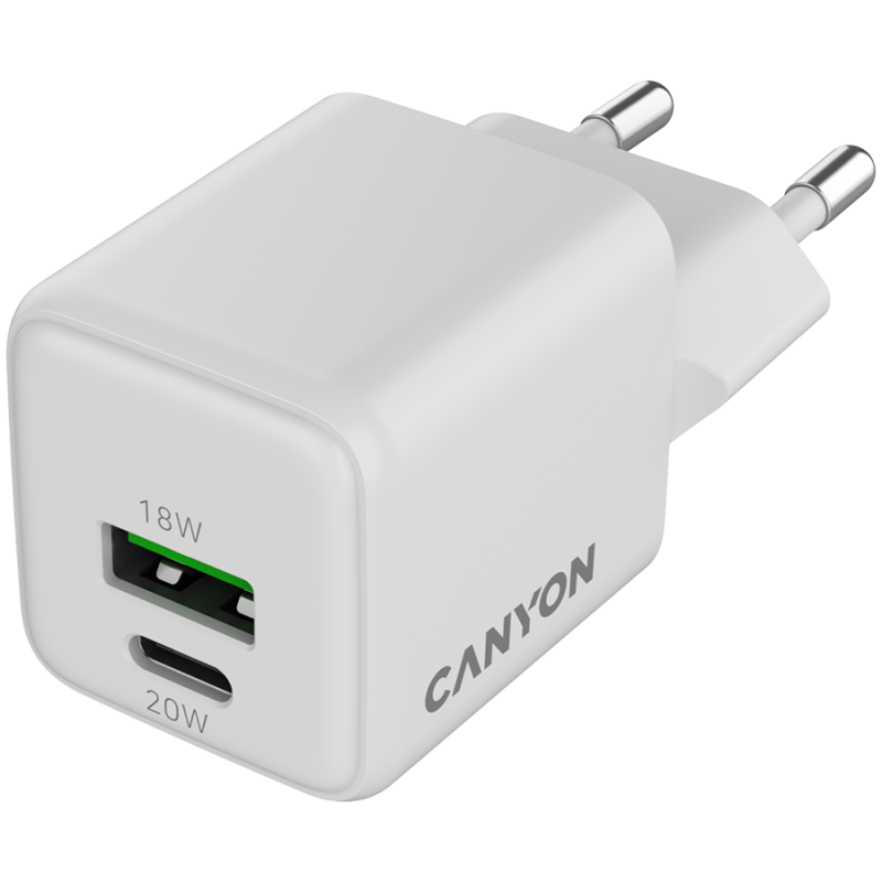 Polnilec Canyon CU20AC GaN 20W, 1x USB-C PD, 1x USB-A QC, bel