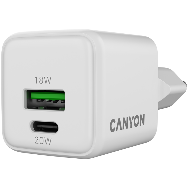 Polnilec Canyon CU20AC GaN 20W, 1x USB-C PD, 1x USB-A QC, bel