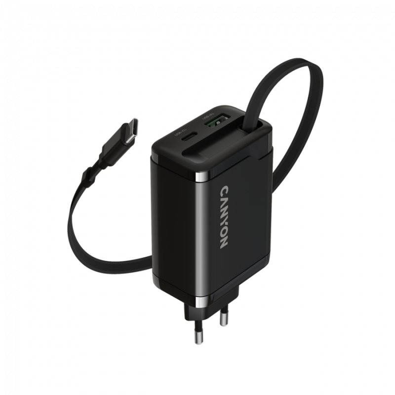 Polnilec Canyon OnCharge 65RC 65W z vgrajenim kablom, USB-C/A, PD, QC, črn