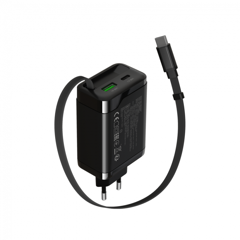 Polnilec Canyon OnCharge 65RC 65W z vgrajenim kablom, USB-C/A, PD, QC, črn
