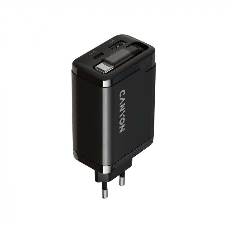 Polnilec Canyon OnCharge 65RC 65W z vgrajenim kablom, USB-C/A, PD, QC, črn