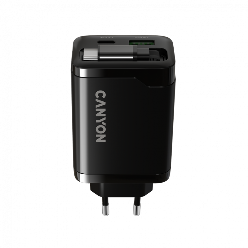 Polnilec Canyon OnCharge 65RC 65W z vgrajenim kablom, USB-C/A, PD, QC, črn