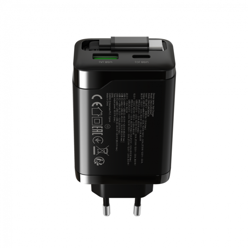 Polnilec Canyon OnCharge 65RC 65W z vgrajenim kablom, USB-C/A, PD, QC, črn