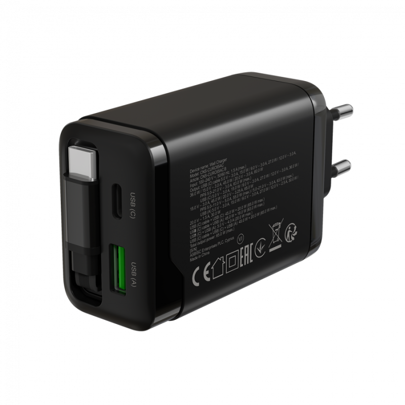 Polnilec Canyon OnCharge 65RC 65W z vgrajenim kablom, USB-C/A, PD, QC, črn