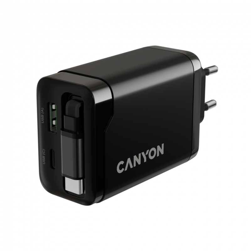 Polnilec Canyon OnCharge 65RC 65W z vgrajenim kablom, USB-C/A, PD, QC, črn
