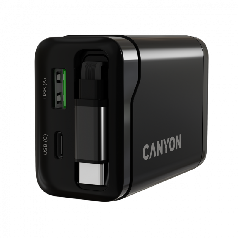 Polnilec Canyon OnCharge 65RC 65W z vgrajenim kablom, USB-C/A, PD, QC, črn