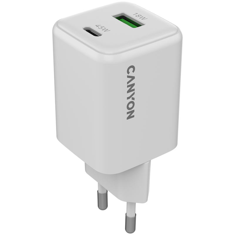Polnilec Canyon CU45AC GaN 45W, 1x USB-C PD, 1x USB-A QC, bel