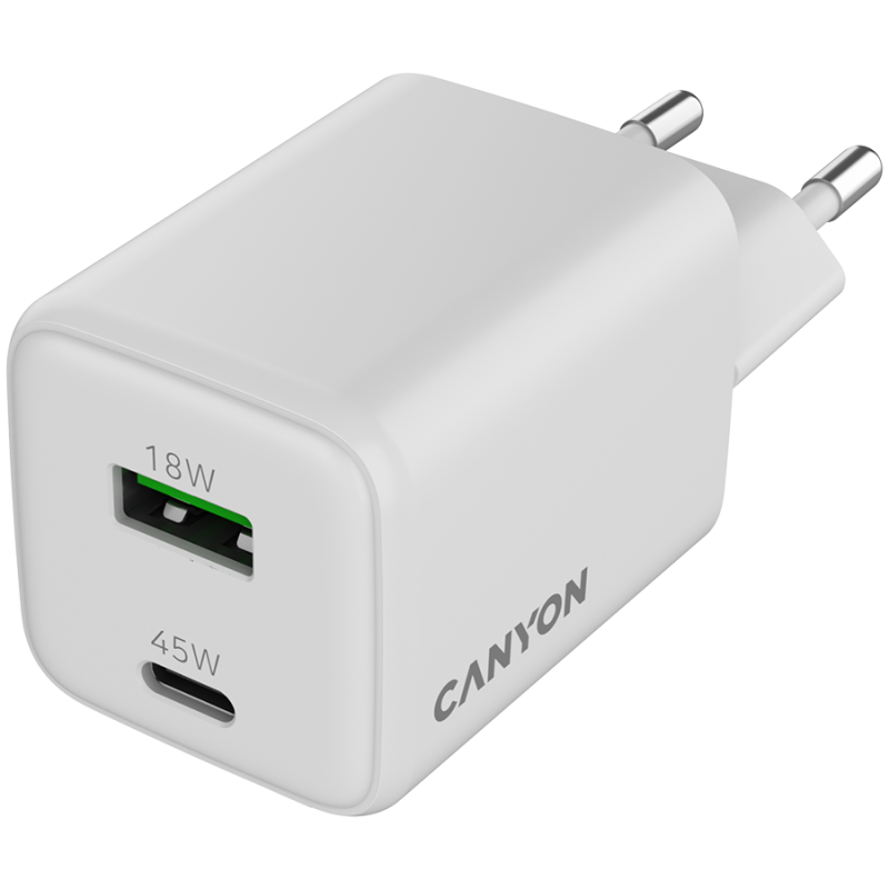Polnilec Canyon CU45AC GaN 45W, 1x USB-C PD, 1x USB-A QC, bel
