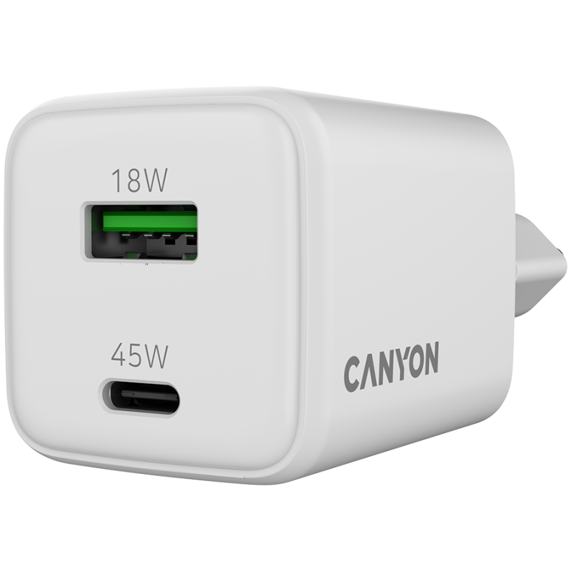 Polnilec Canyon CU45AC GaN 45W, 1x USB-C PD, 1x USB-A QC, bel