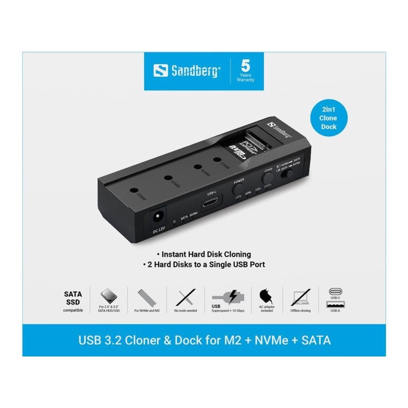 Priklopna in klonirna postaja Sandberg za M.2 NVMe ter SATA HDD/SSD