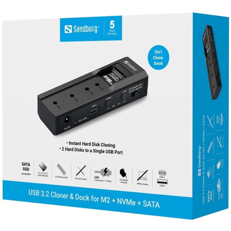 Priklopna in klonirna postaja Sandberg za M.2 NVMe ter SATA HDD/SSD
