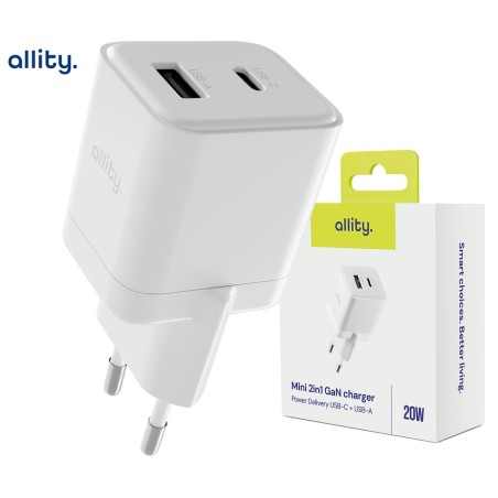 Polnilec ALLITY ATC-01, 20W, 1x USB-C, 1x USB-A, PD, QC