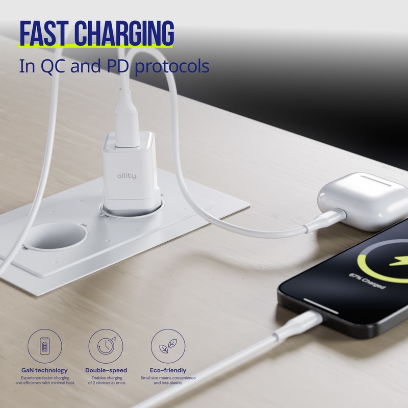 Polnilec ALLITY ATC-01, 20W, 1x USB-C, 1x USB-A, PD, QC