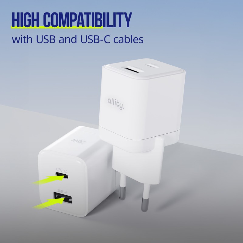 Polnilec ALLITY ATC-01, 20W, 1x USB-C, 1x USB-A, PD, QC