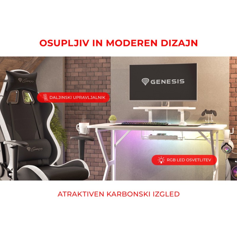 Gaming miza Genesis Holm 320 RGB, ergonomska, bela