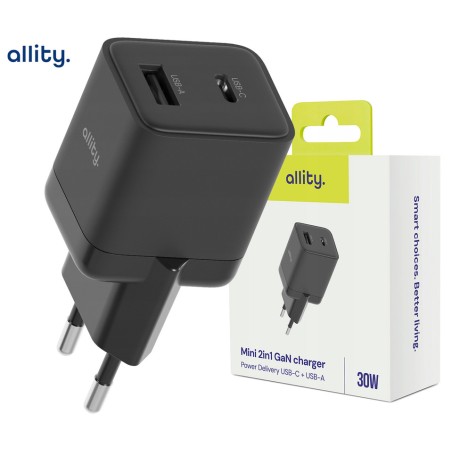 Polnilec ALLITY ATC-01 GaN, 30W, 1x USB-C, 1x USB-A, PD, QC, črn