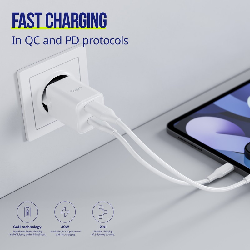 Polnilec ALLITY ATC-01 GaN, 30W, 1x USB-C, 1x USB-A, PD, QC, črn