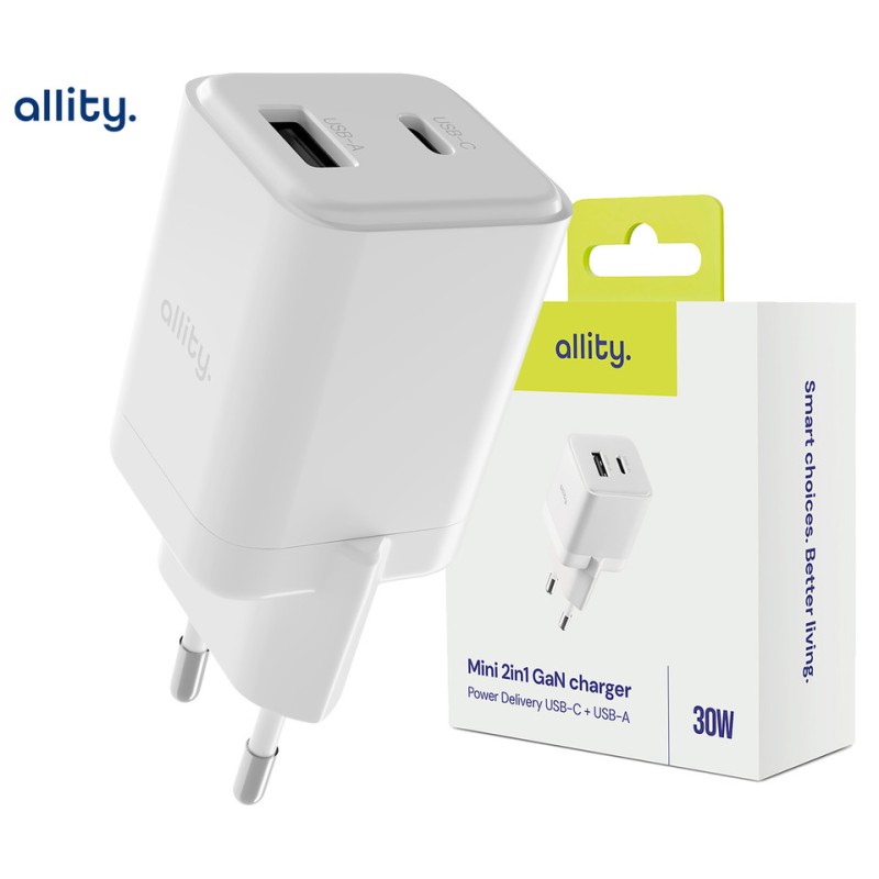 Polnilec ALLITY ATC-01 GaN, 30W, 1x USB-C, 1x USB-A, PD, QC, bel