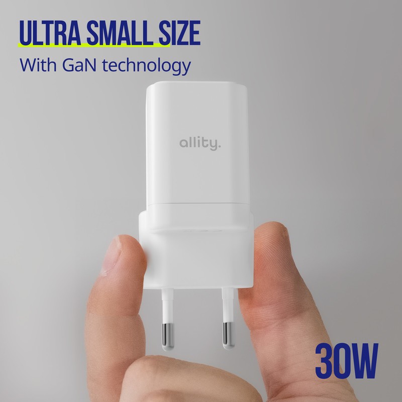 Polnilec ALLITY ATC-01 GaN, 30W, 1x USB-C, 1x USB-A, PD, QC, bel