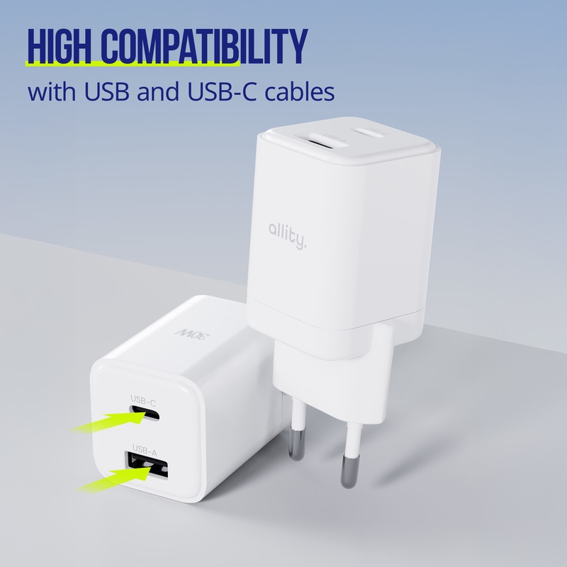 Polnilec ALLITY ATC-01 GaN, 30W, 1x USB-C, 1x USB-A, PD, QC, bel