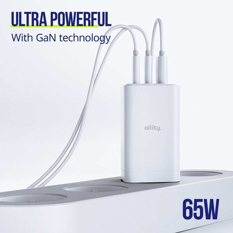 Polnilec ALLITY ATC-01 GaN, 65W, 2x USB-C, 1x USB-A, PD, QC, črn