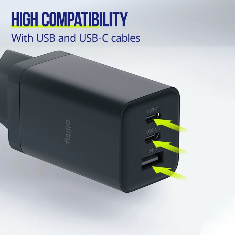 Polnilec ALLITY ATC-01 GaN, 65W, 2x USB-C, 1x USB-A, PD, QC, črn