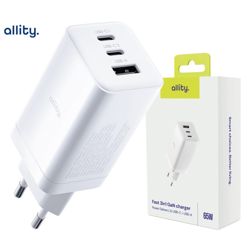 Polnilec ALLITY ATC-01 GaN, 65W, 2x USB-C, 1x USB-A, PD, QC, bel