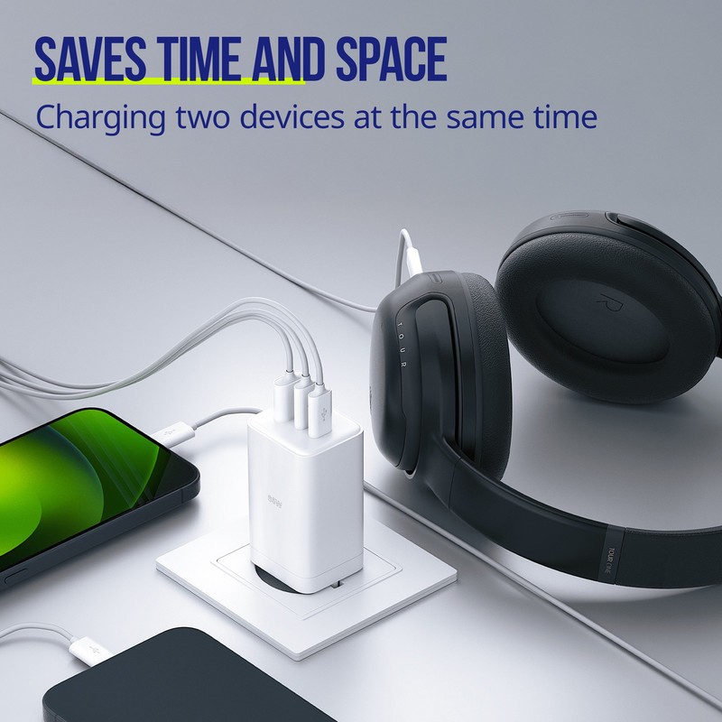 Polnilec ALLITY ATC-01 GaN, 65W, 2x USB-C, 1x USB-A, PD, QC, bel
