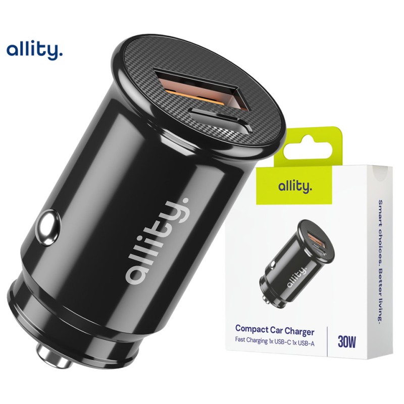 Avto polnilec ALLITY ACC-100, 30W, 12/24V, 1x USB-C, 1x USB-A, PD, QC, črn