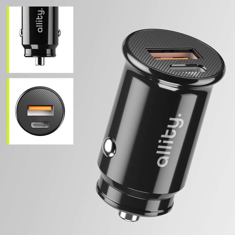 Avto polnilec ALLITY ACC-100, 30W, 12/24V, 1x USB-C, 1x USB-A, PD, QC, črn