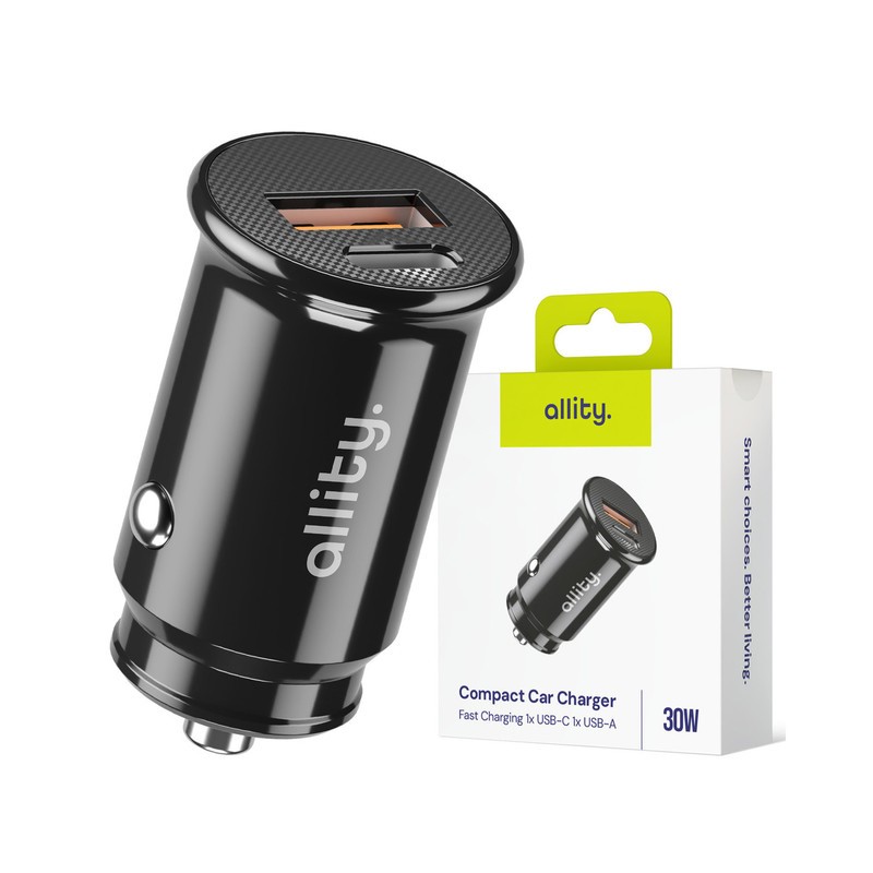 Avto polnilec ALLITY ACC-100, 30W, 12/24V, 1x USB-C, 1x USB-A, PD, QC, črn