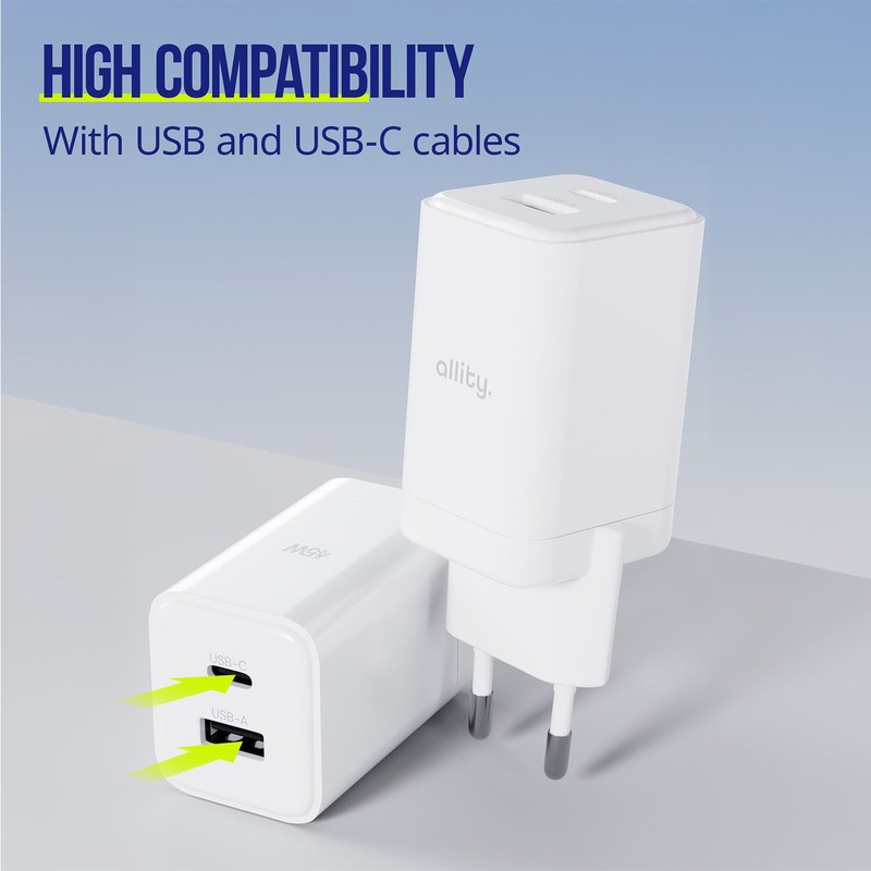 Polnilec ALLITY ATC-01 GaN, 45W, 1x USB-C, 1x USB-A, PD, QC, bel