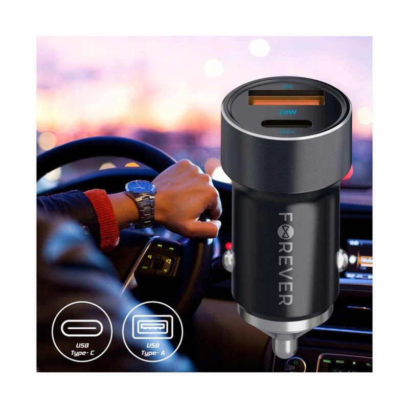 Avto polnilec FOREVER CC-06, 20W, 12-24V, 1x USB-A, 1x USB-C, PD, QC, črn