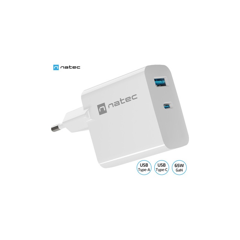 Polnilec Natec RIBERA GaN, 65W, 1x USB-A, 1x USB-C, PD 3.0, QC 3.0, bel