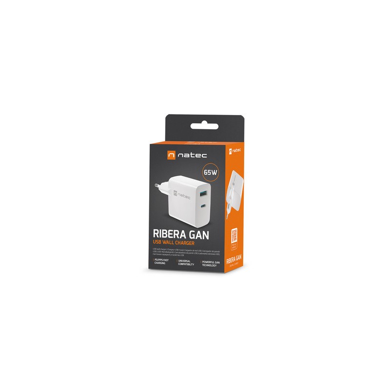 Polnilec Natec RIBERA GaN, 65W, 1x USB-A, 1x USB-C, PD 3.0, QC 3.0, bel