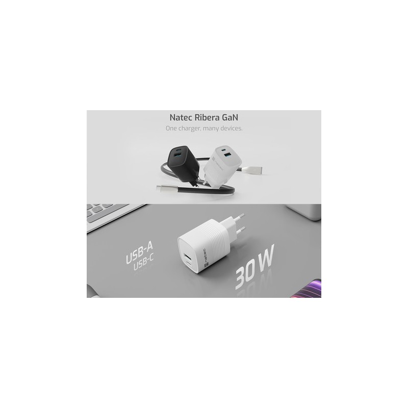 Polnilec Natec RIBERA GaN, 30W, 1x USB-A, 1x USB-C, PD 3.0, QC 3.0, bel